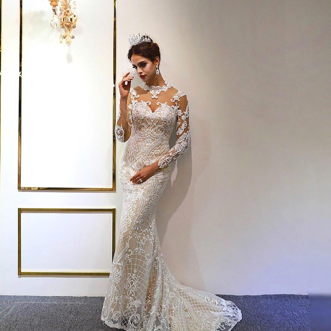 Mermaid Jewel Neck Long Sleeves Floor-length Tulle Bridal Dress With Appliques 4