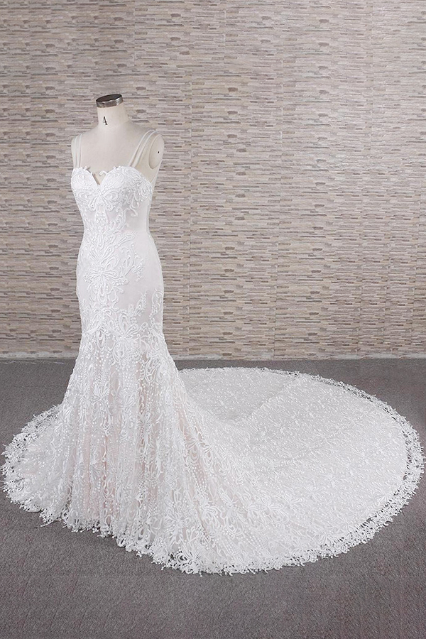 Mermaid Spaghetti Straps Sleeveless Chapel Train Tulle Wedding Gown With Lace 3