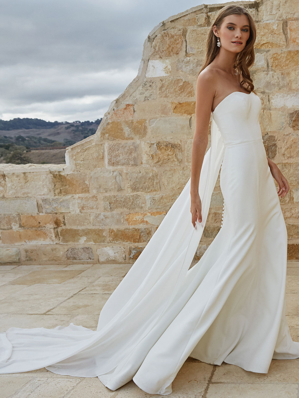 Column Strapless Sleeveless Chapel Train Wedding Gown With Buttons 4