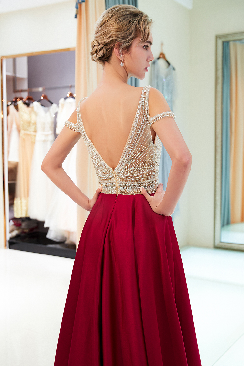 A-line V-neck Sleeveless Court Train Stretch Satin Formal Dress With Crystal 7