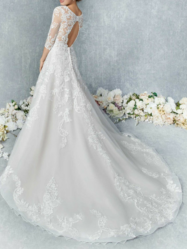 A-line Court Train Tulle Wedding Dress With Buttons 3