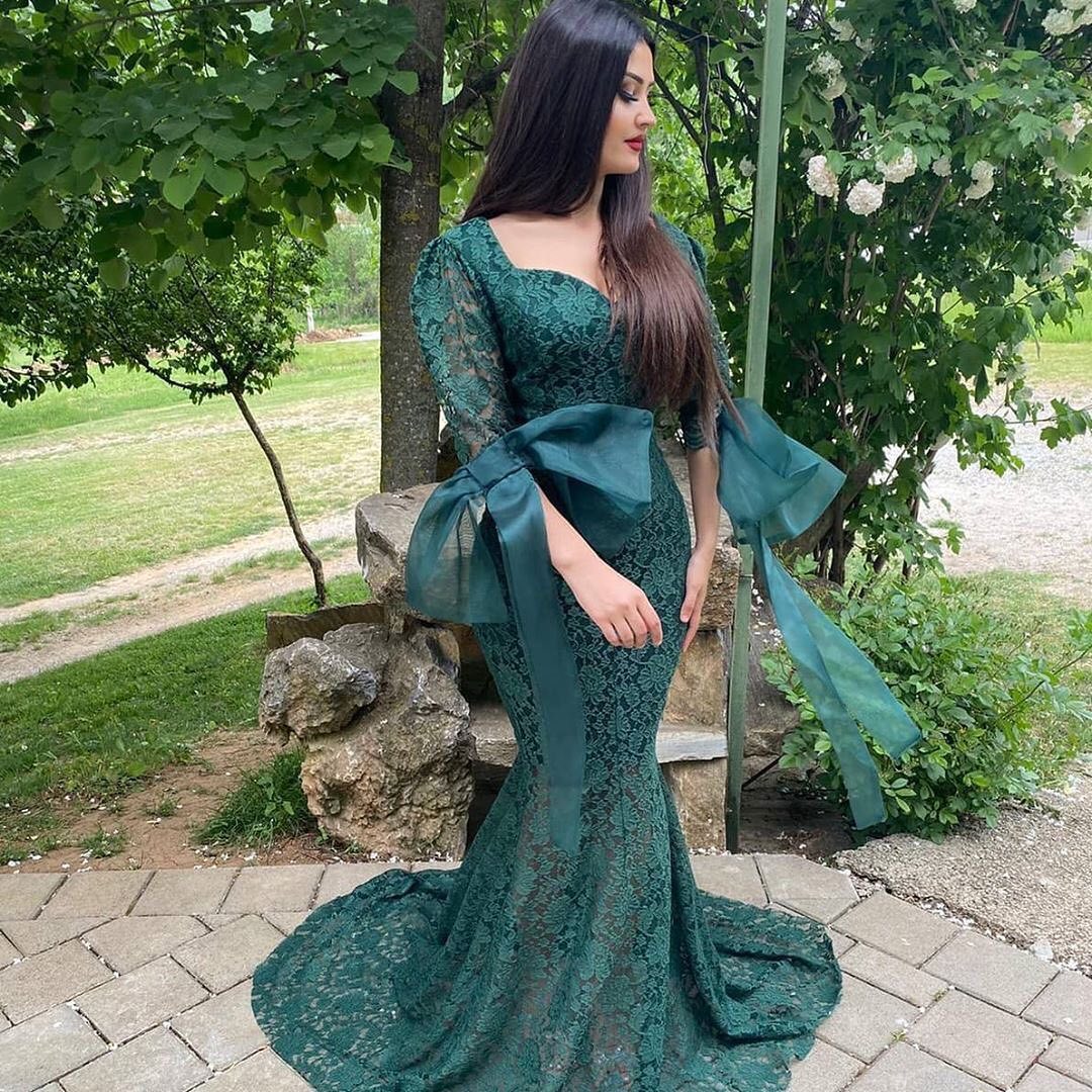 Mermaid Sweetheart Neck Long Sleeves Sweep / Brush Train Lace Evening Dress With Ruffles 2
