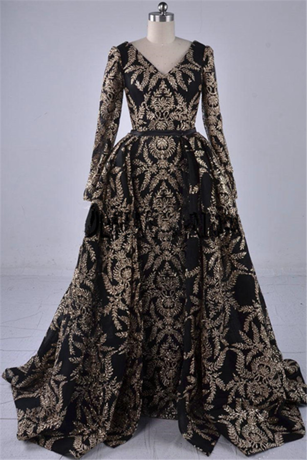 Column V-neck Sweep / Brush Train Evening Dress With Appliques 3
