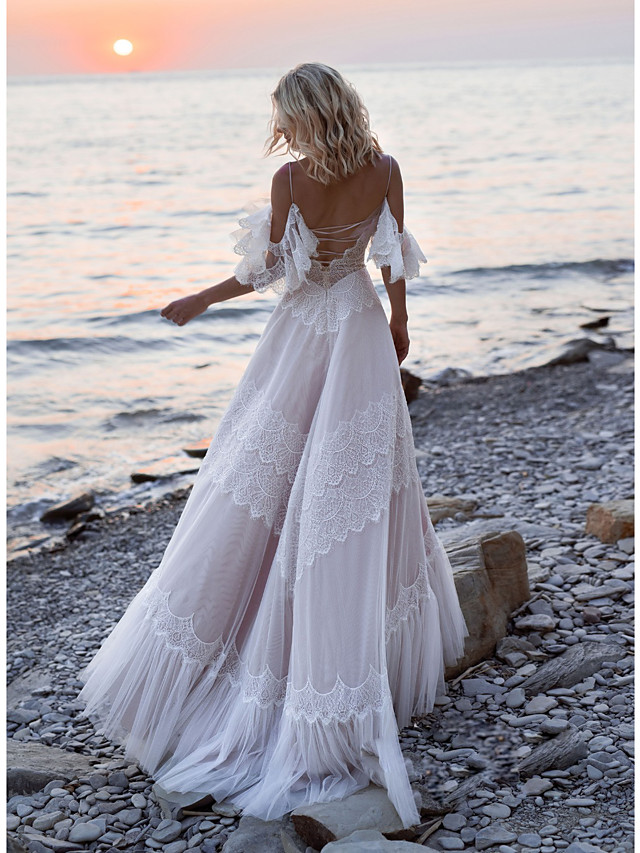 A-line Straps V-neck Short Sleeves Sweep / Brush Train Tulle Wedding Gown With Lace 2