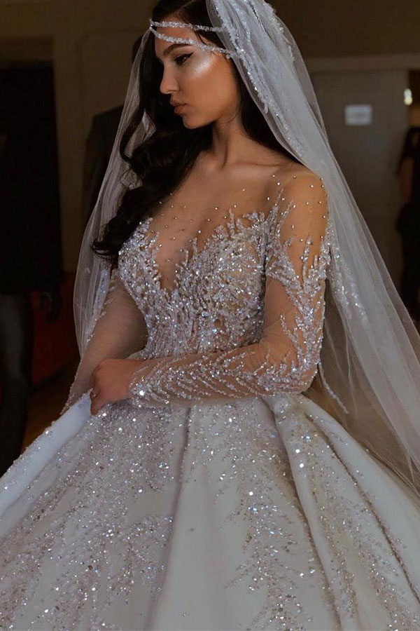 Ball Gown Jewel Neck Long Sleeves Cathedral Train Lace Wedding Gown With Crystal 2