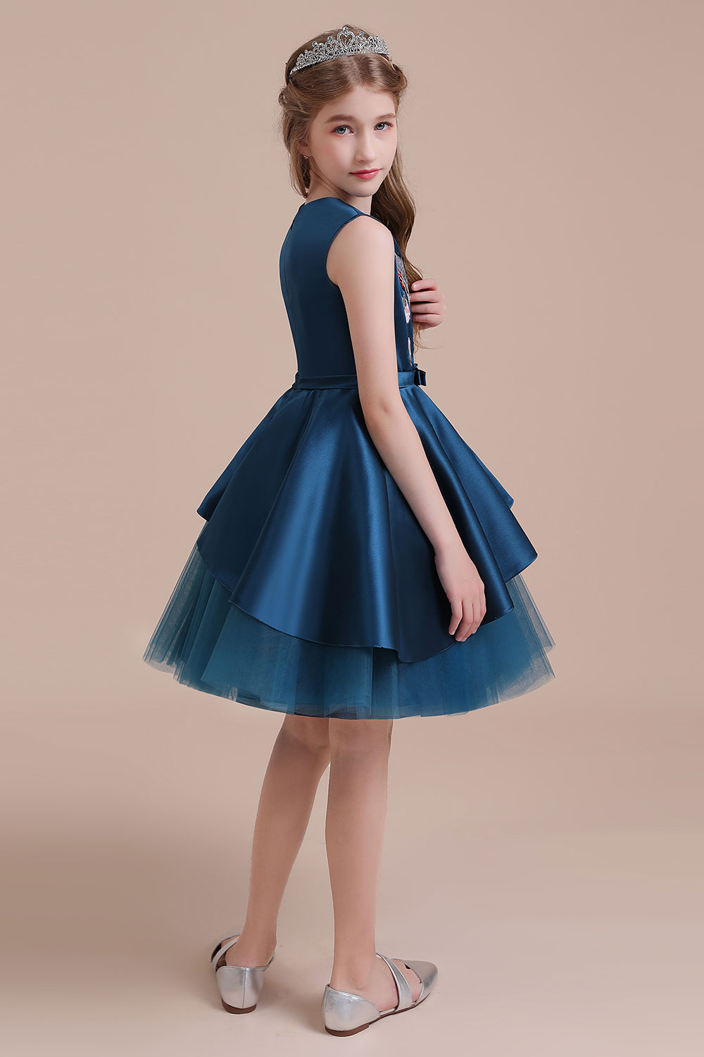 A-line Jewel Neck Sleeveless Knee-length Satin Flower Girl Dress With Embroidery 8