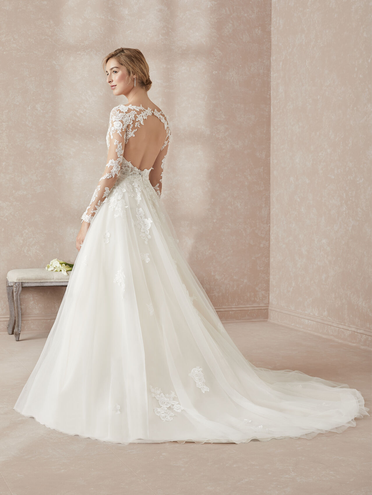 A-line V-neck Long Sleeves Sweep / Brush Train Lace Wedding Gown With Ruffles 2