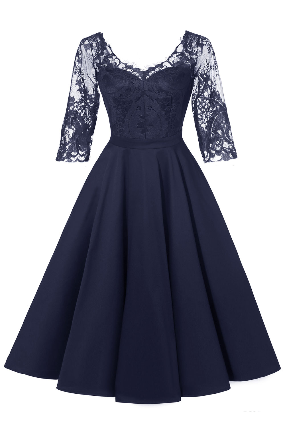 A-line V-neck Half-Sleeves Knee-length Lace Party Dress With Lace 2