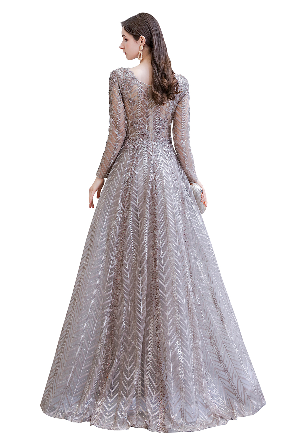 A-line V-neck Long Sleeves Sweep / Brush Train Lace Evening Dress With Pearls 14