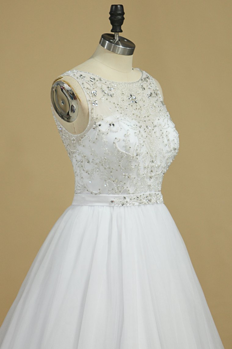A-line Jewel Neck Sleeveless Floor-length Tulle Bridal Dress With Pearls 4