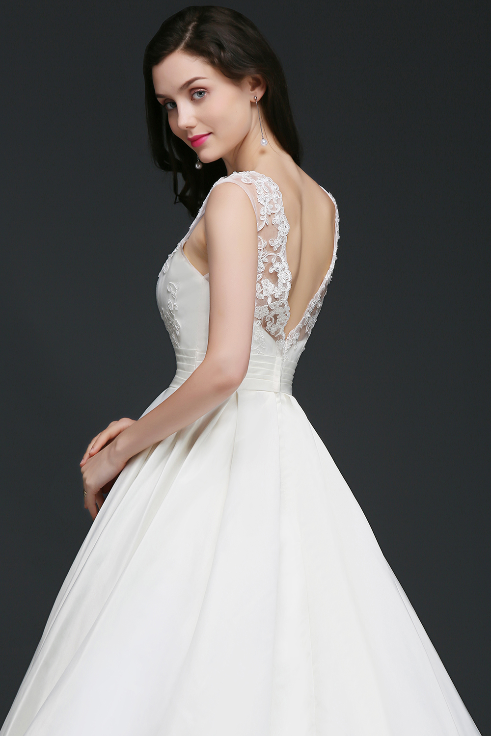 A-line Jewel Neck Sleeveless Court Train Satin Bridal Dress With Lace 5