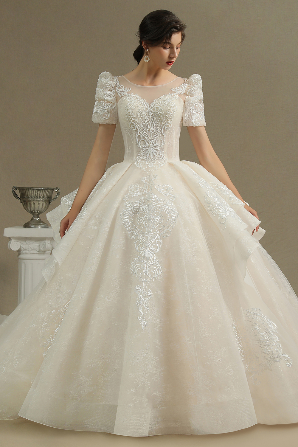 A-line Jewel Neck 3/4-Length Sleeves Floor-length Tulle Wedding Gown With Cathedral Train 2