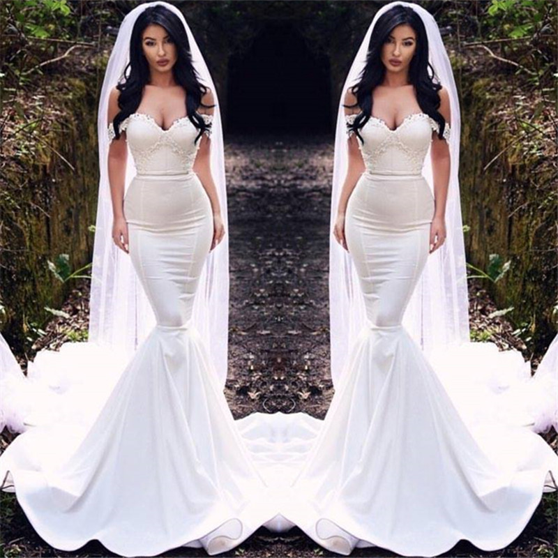Mermaid Off-the-shoulder Sleeveless Court Train Bridal Gown With Appliques 2