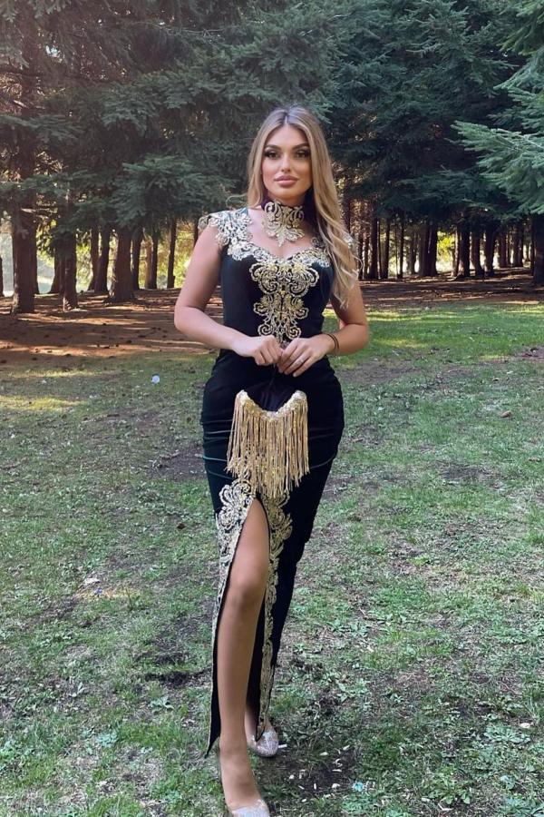 A-line High Neck Sleeveless Floor-length Velvet Evening Gown With Split Front 3