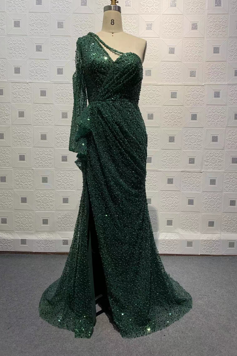 Column One Shoulder Long Sleeves Sweep / Brush Train Evening Dress With Sequins 1