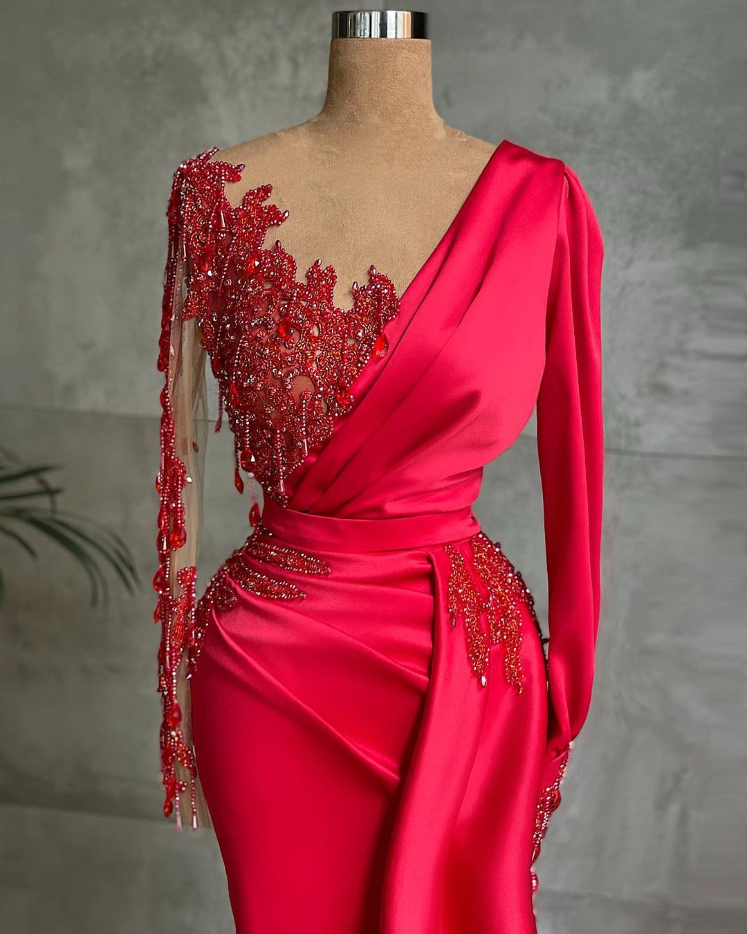 Mermaid V-neck Long Sleeves Floor-length Satin Evening Dress With Beading 2