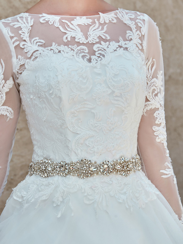 Ball Gown Bateau Neck Long Sleeves Chapel Train Tulle Bridal Gown With Lace 18