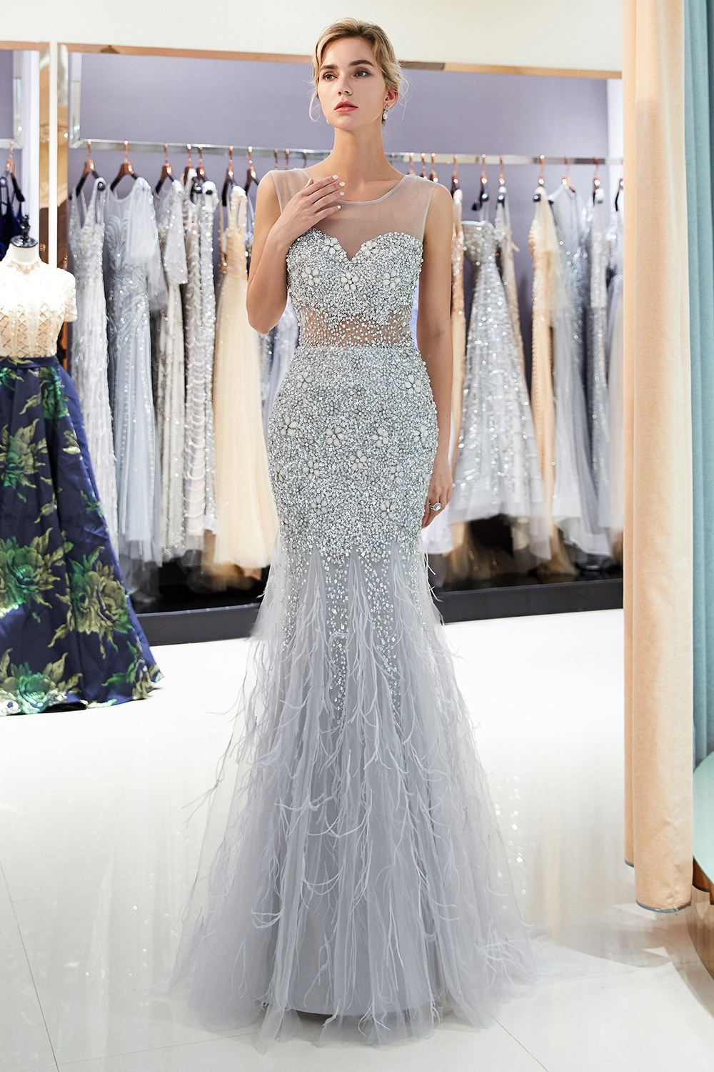 Mermaid Jewel Neck Sleeveless Court Train Tulle Formal Dress With Crystal 3