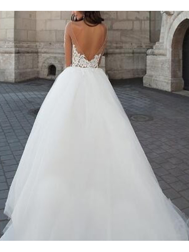A-line Strapless Long Sleeves Floor-length Tulle Bridal Gown With Lace 2