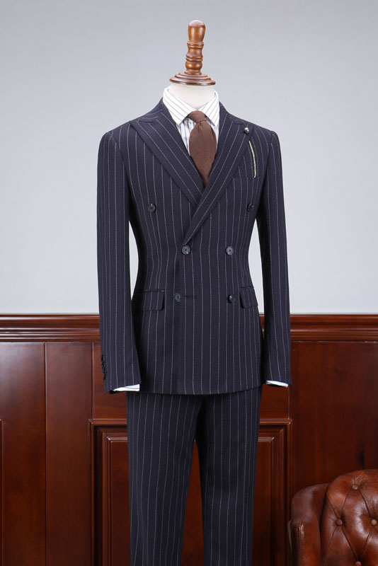 Navy Blue Striped Slim Fit Business Suit 1