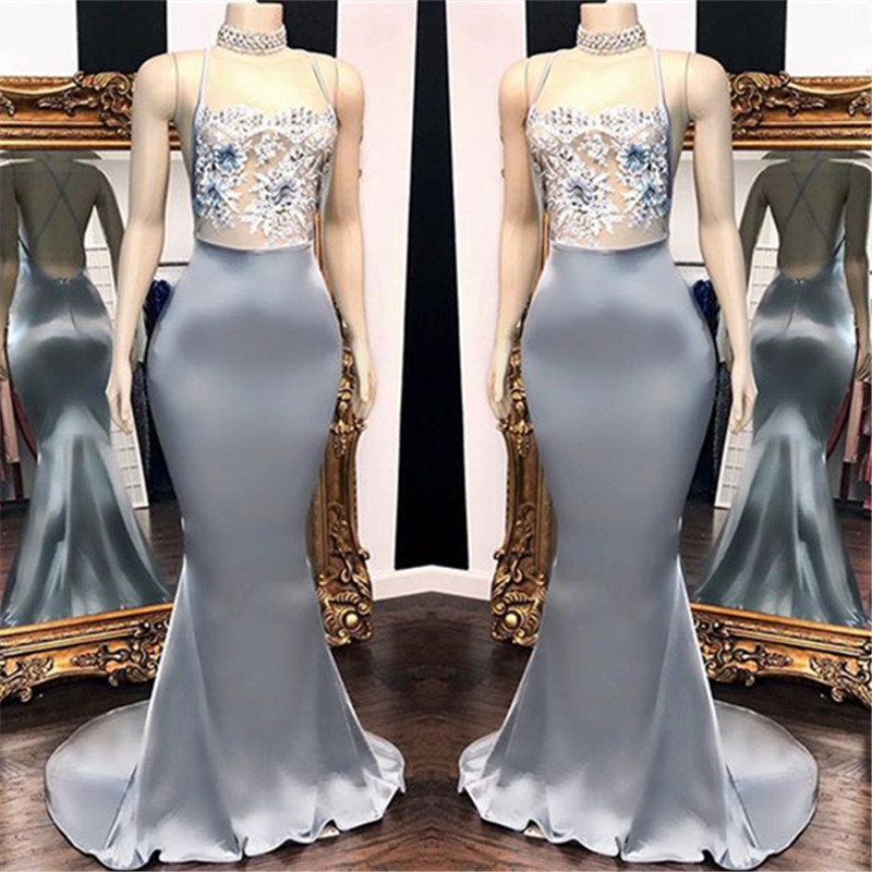 Mermaid Spaghetti Straps Sleeveless Court Train Stretch Satin Evening Dress With Appliques 2