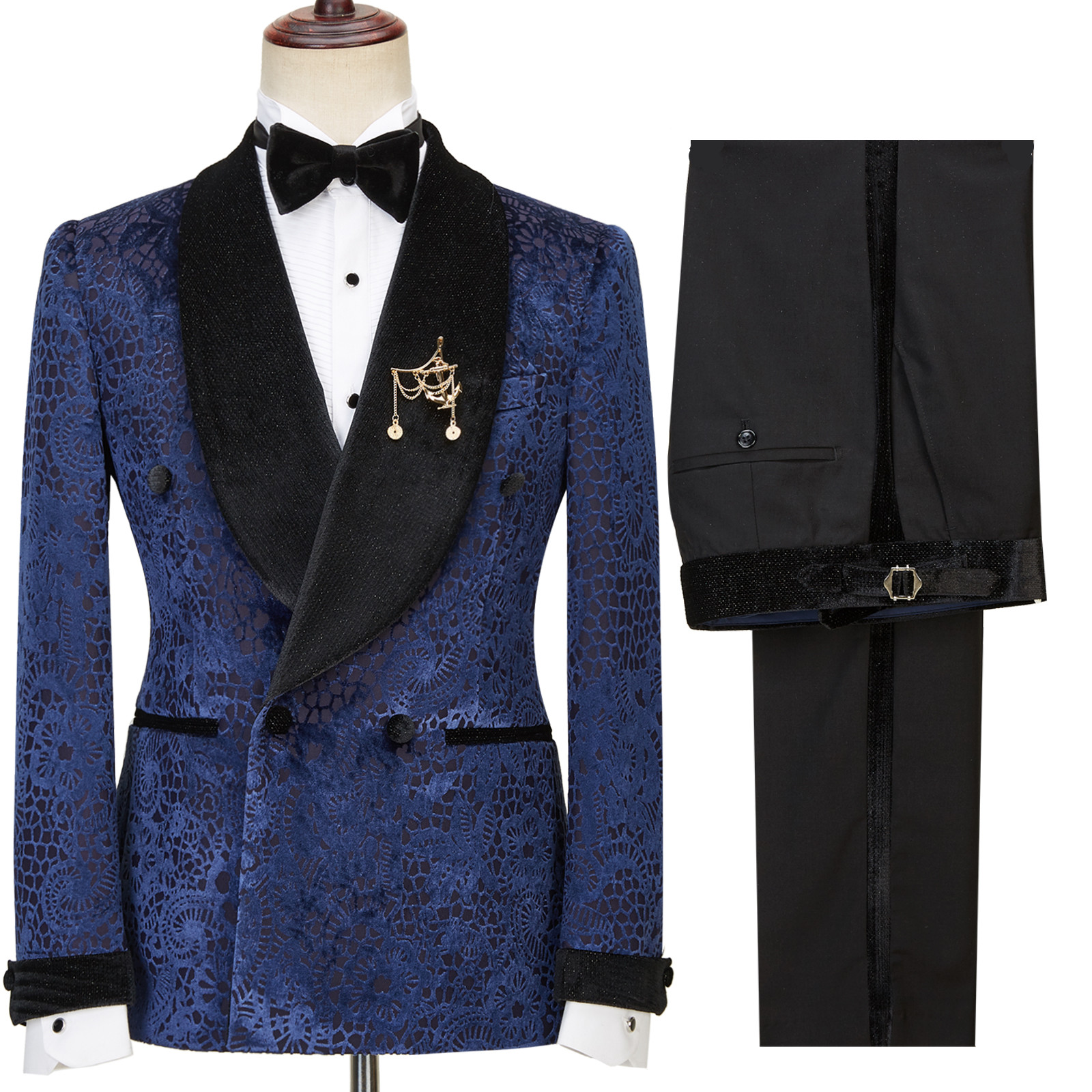 Dark Navy Jacquard Double Breasted Men Wedding Suit with Sparkle Shawl Lapel 2