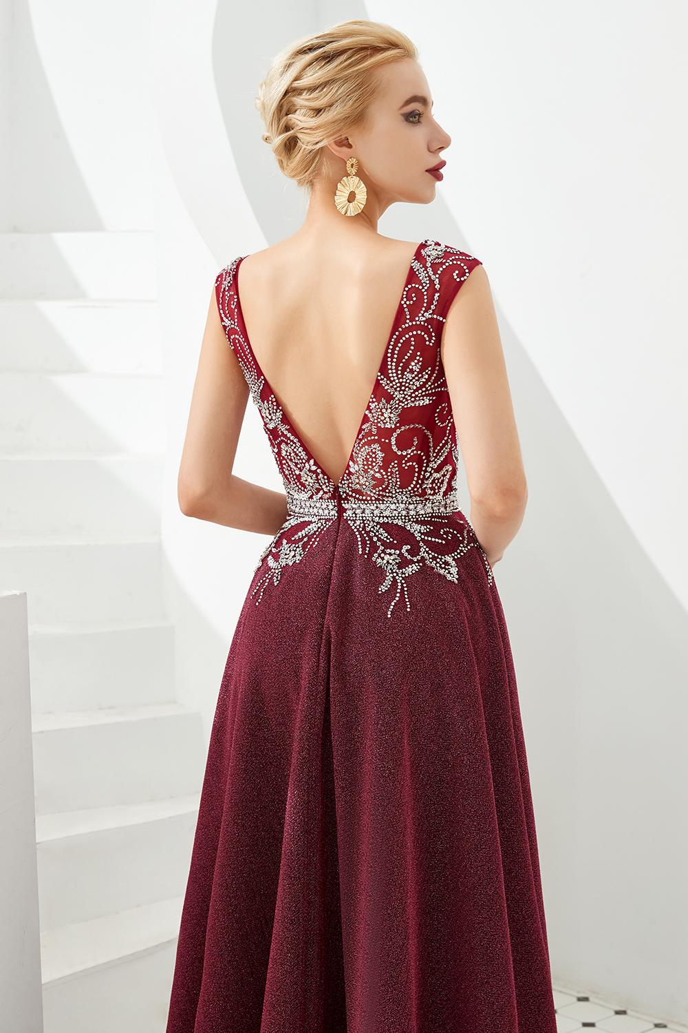 A-line V-neck Sleeveless Sweep / Brush Train Evening Gown With Crystal Floral Pin 5