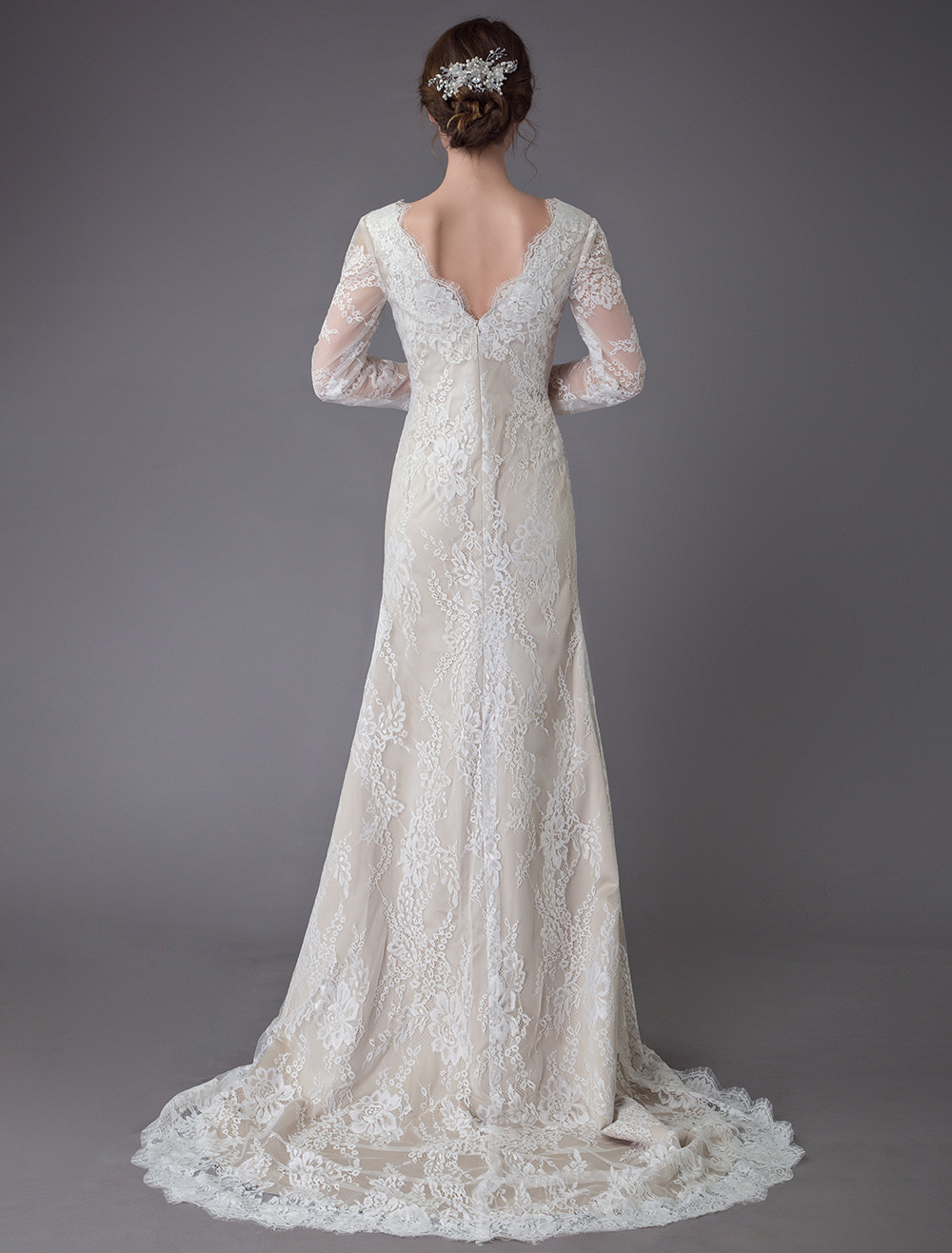 Column Plunging Neckline Long Sleeves Court Train Lace Bridal Dress With Lace 9