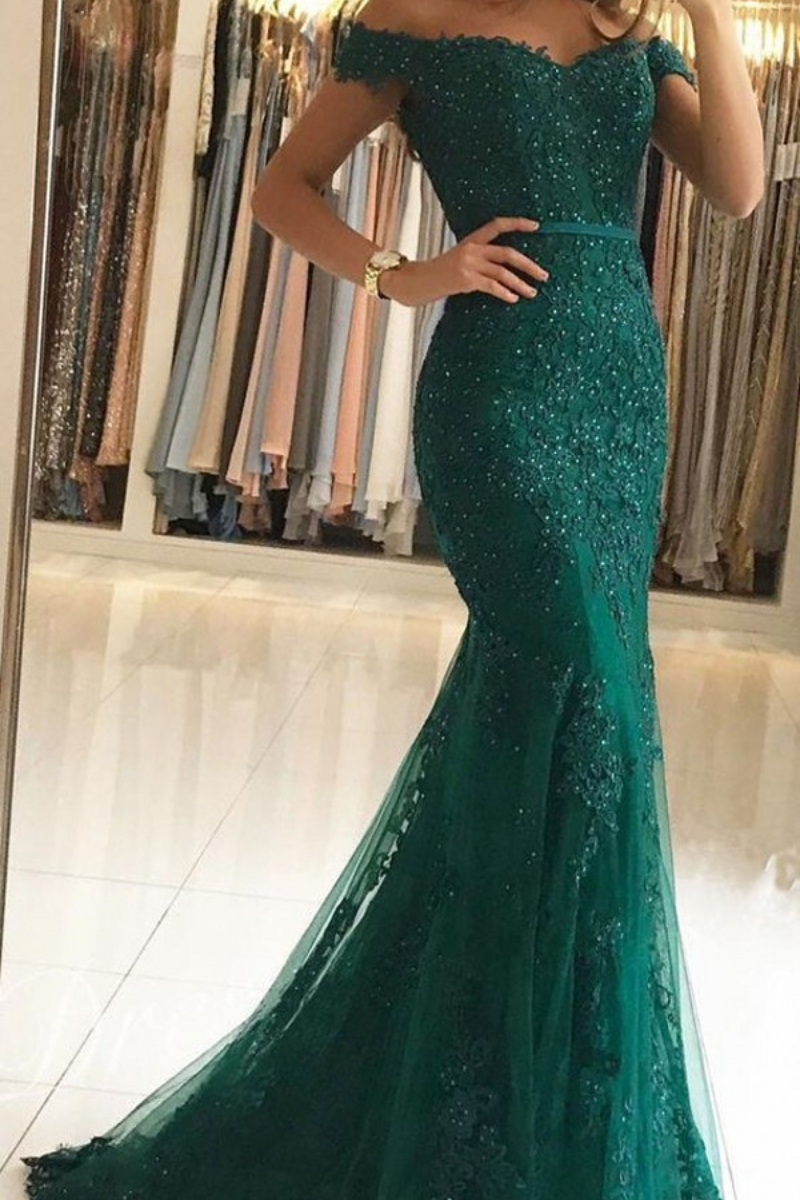 Mermaid Off-the-shoulder Sleeveless Floor-length Lace Formal Wear With Lace 1