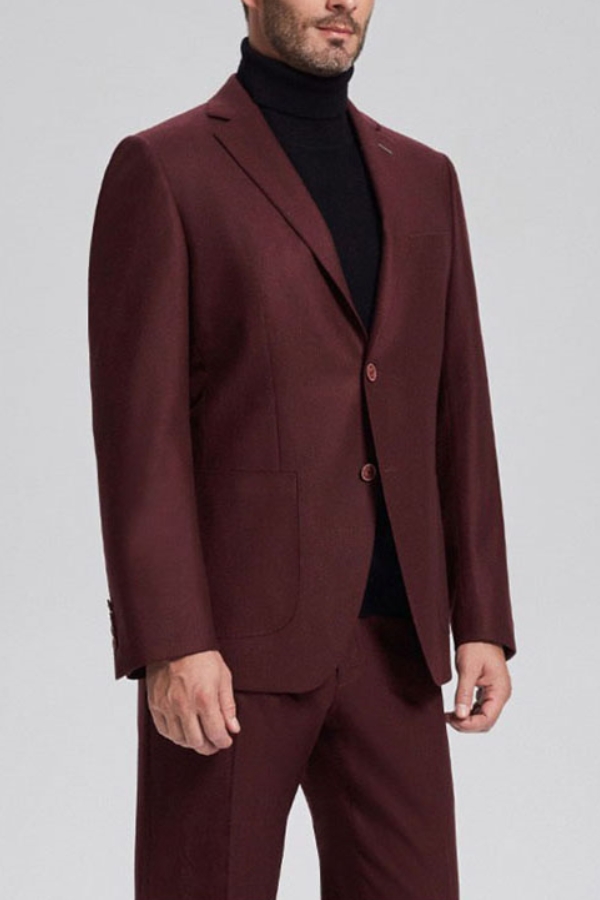 Burgundy Single Breasted Wool Blend Men's Business Suit with  Patch Pockets 2