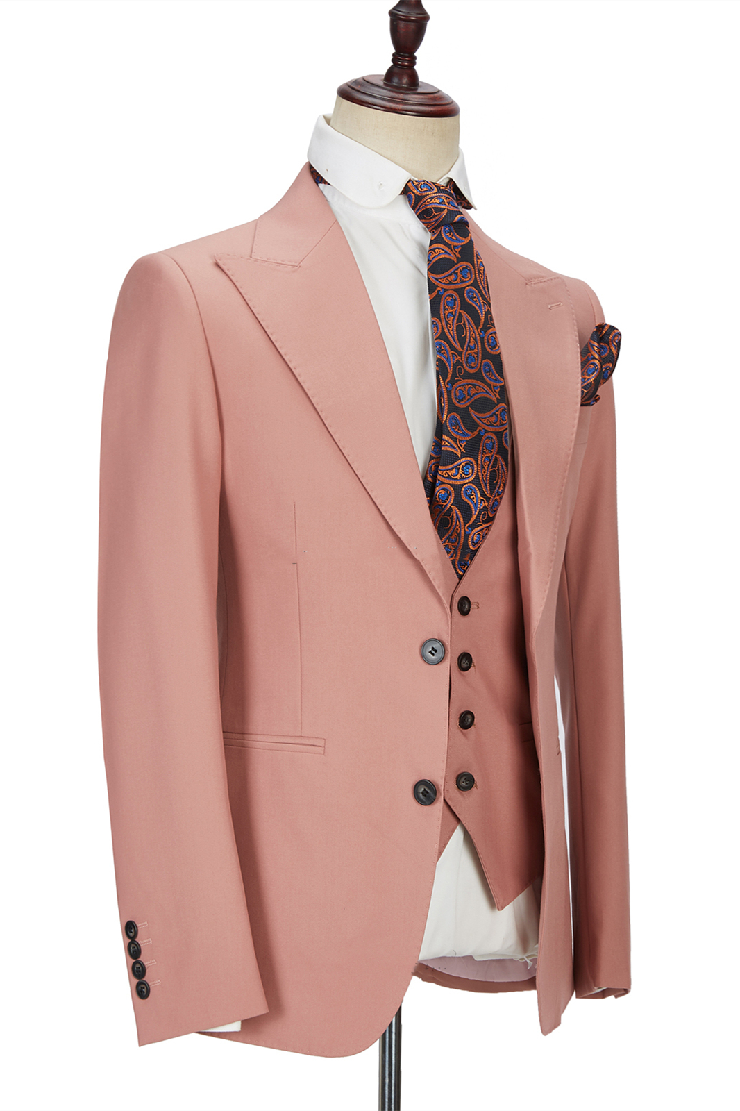Coral Pink 3 Piece Men's Suit with Two Buttons and Peak Lapel 2