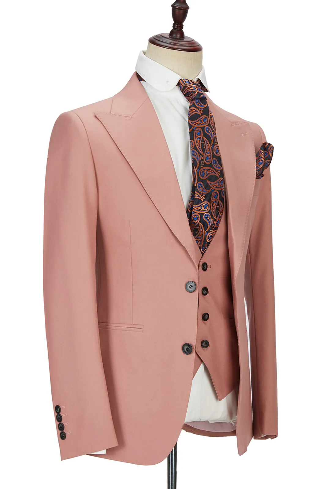 Coral Pink 3 Piece Men's Suit with Two Buttons and Peak Lapel 2