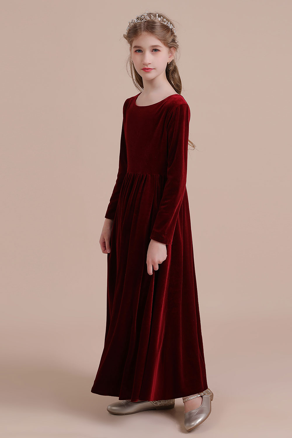 A-line Jewel Neck Long Sleeves Ankle-length Velvet Flower Girl Dress 4