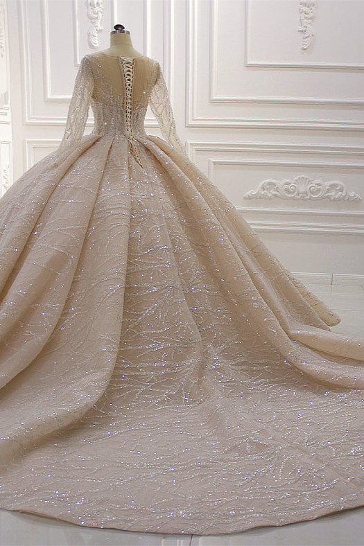 Ball Gown Jewel Neck Long Sleeves Floor-length Tulle Bridal Dress With Beading 6