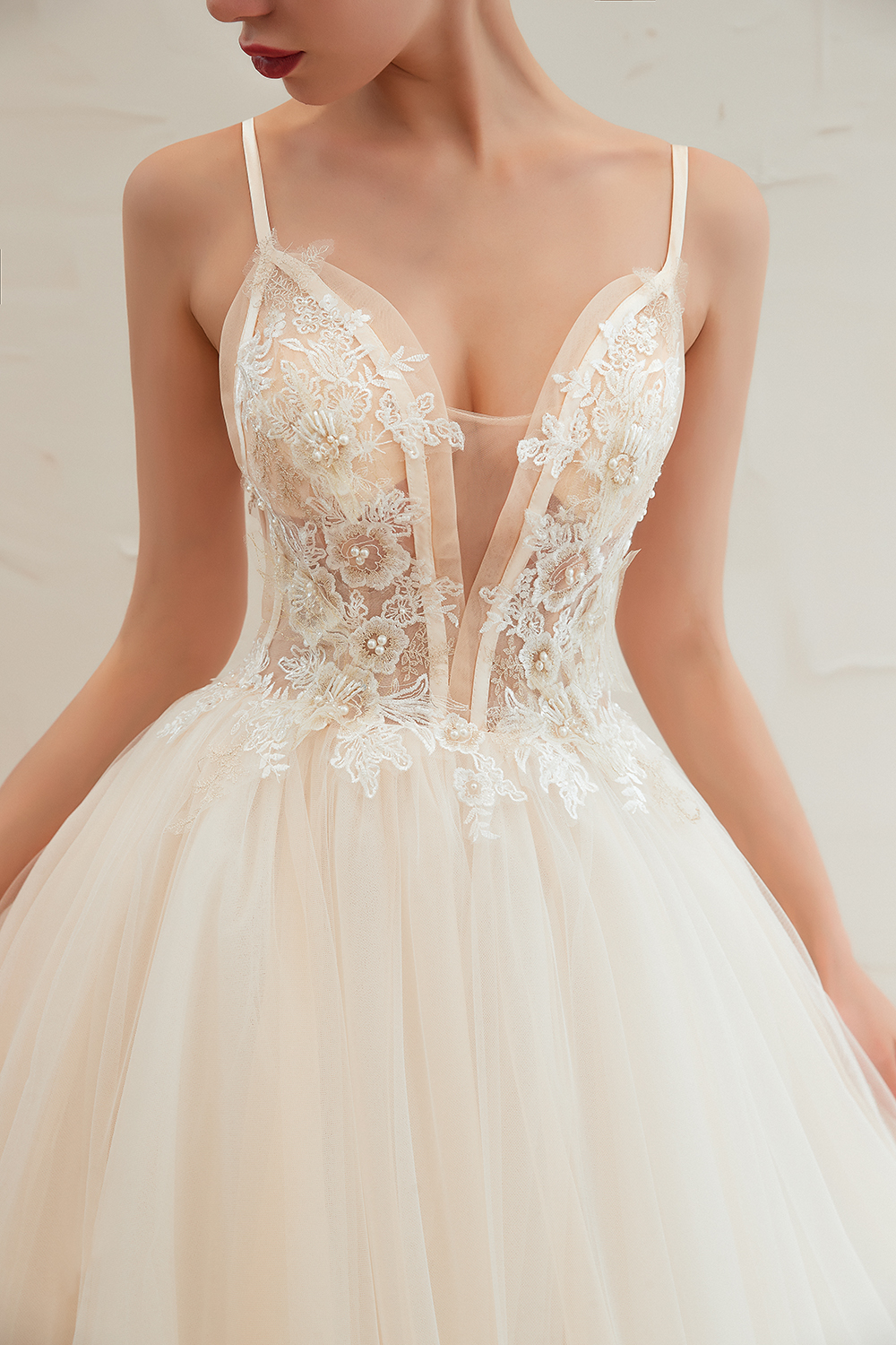 A-line Spaghetti Straps V-neck Sleeveless Cathedral Train Tulle Wedding Dress With Beading 17