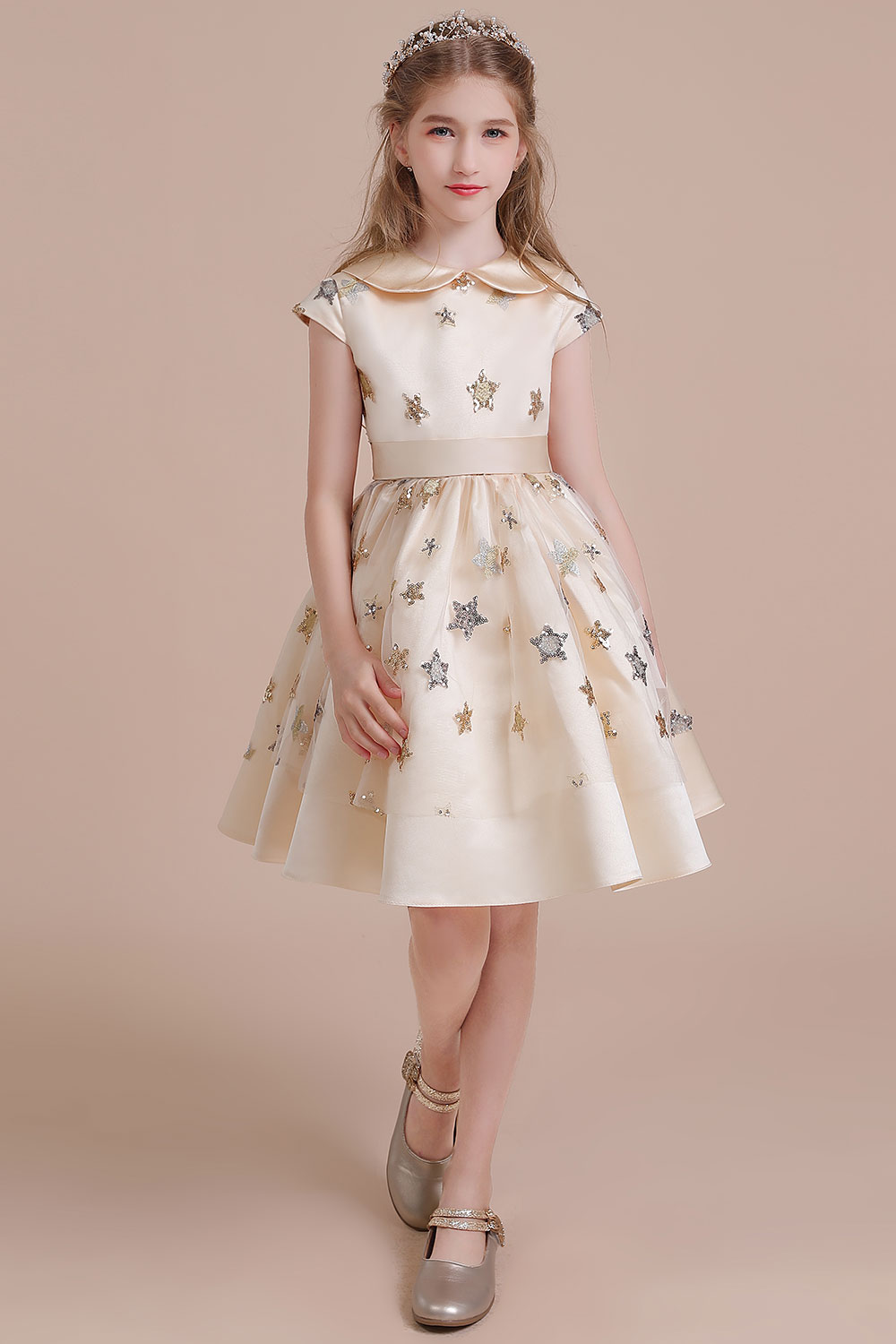 A-line Jewel Neck Short Sleeves Knee-length Tulle Flower Girl Dress With Ribbons 3