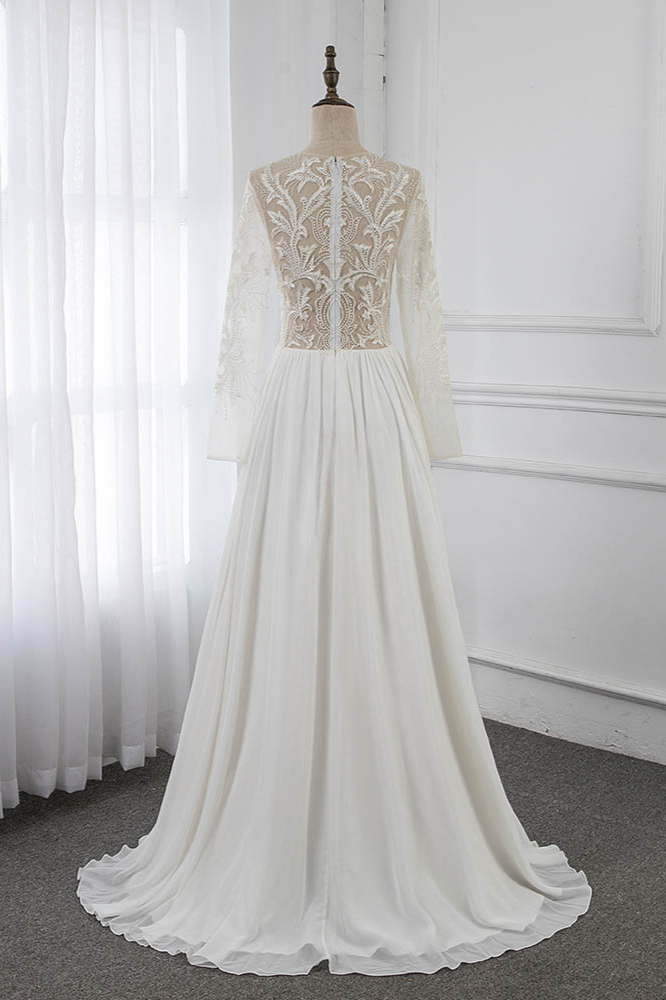 A-line Jewel Neck Long Sleeves Floor-length 100D Chiffon Wedding Dress With Ruffles 2
