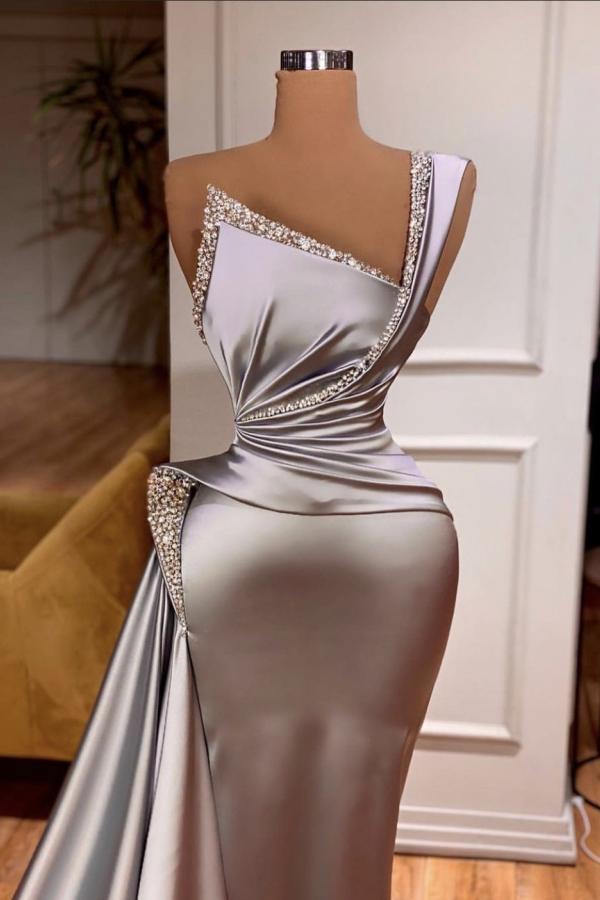 A-line One Shoulder Sleeveless Floor-length Stretch Satin Evening Gown With Ruffles 2