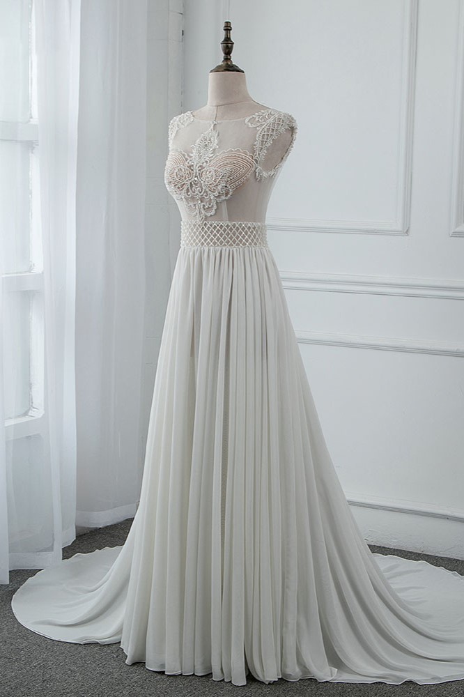 A-line Jewel Neck Sleeveless Floor-length 100D Chiffon Bridal Attire With Beading 3