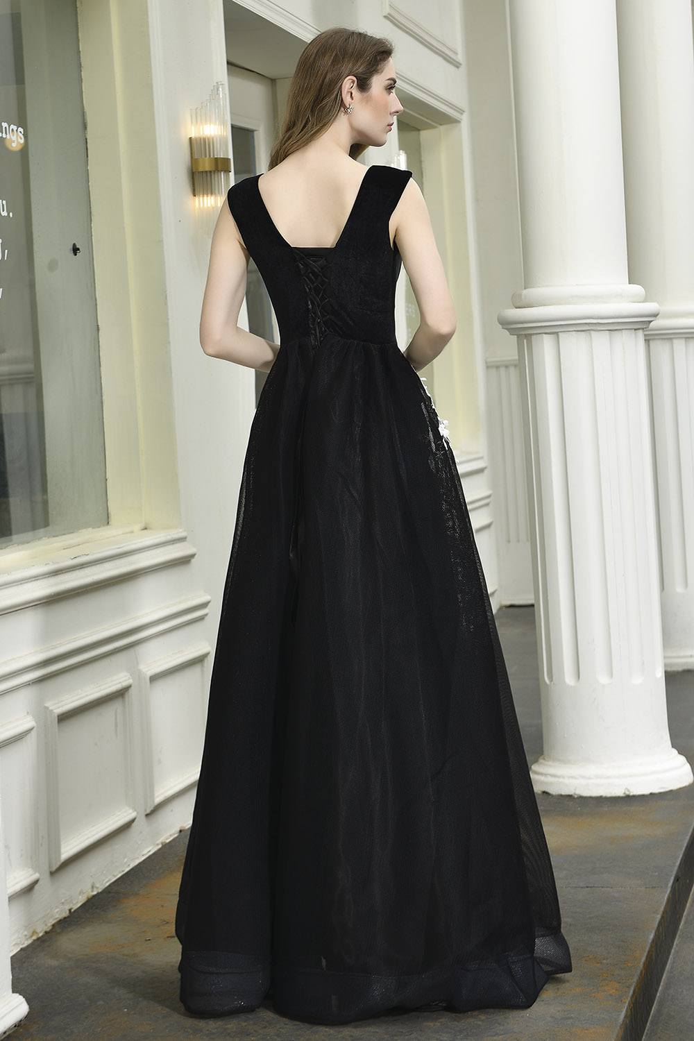 A-line Plunging Neckline Sleeveless Sweep / Brush Train Velvet Evening Dress With Lace 12