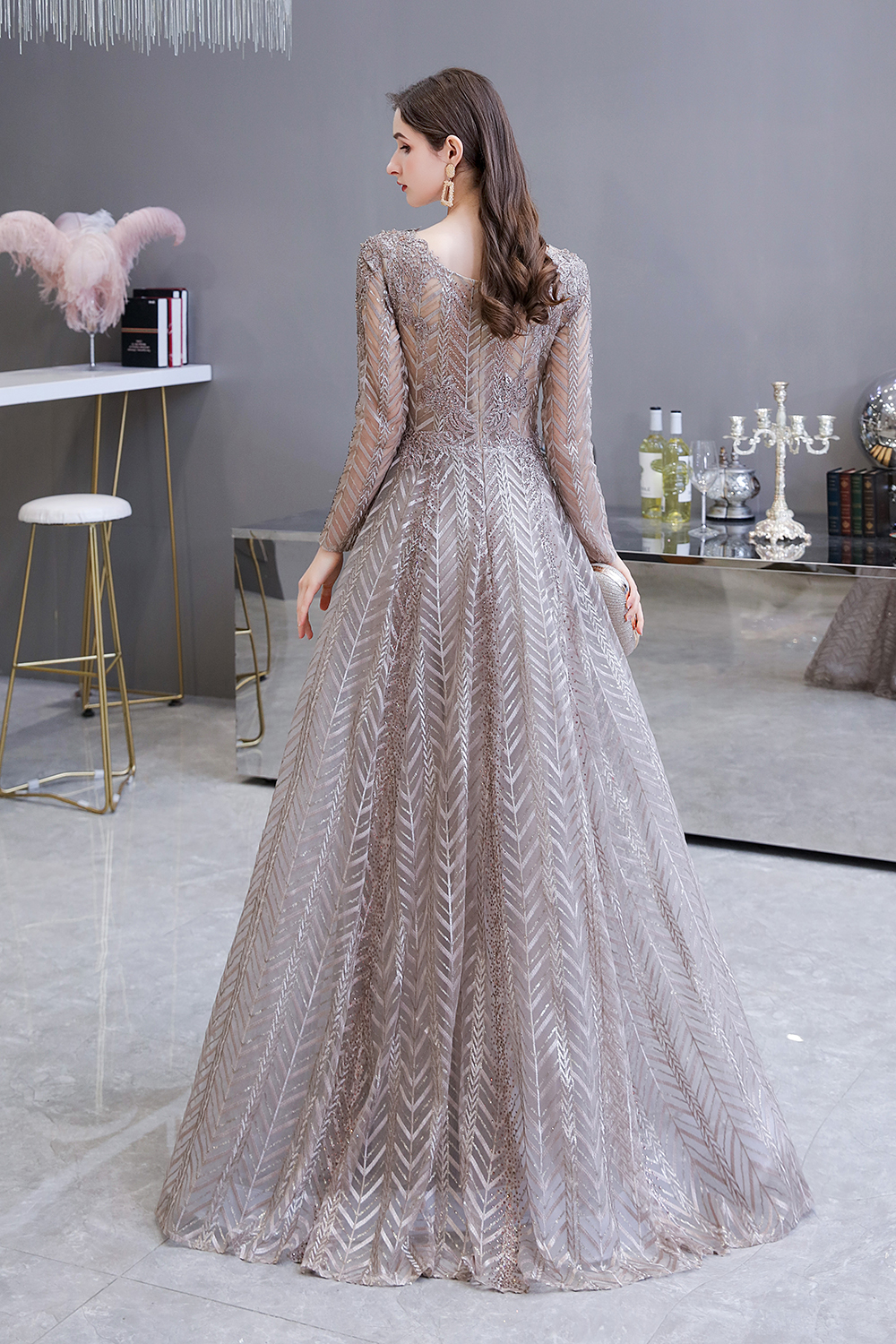 A-line V-neck Long Sleeves Sweep / Brush Train Lace Evening Dress With Pearls 7
