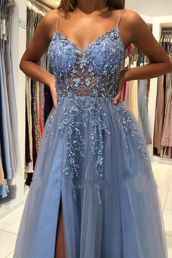 A-line Spaghetti Straps Sleeveless Floor-length Tulle Evening Dress With Ruffles 4