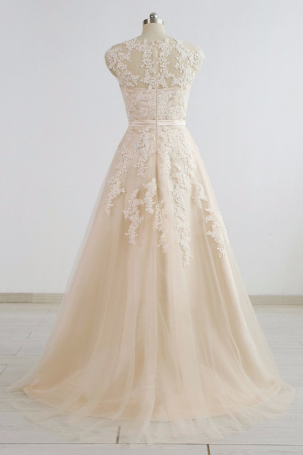 A-line V-neck Sleeveless Floor-length Tulle Wedding Dress With Lace 2