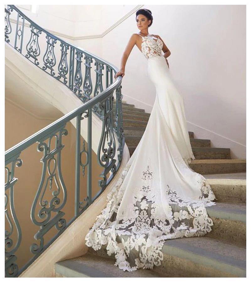 Mermaid Spaghetti Straps V-neck Sleeveless Court Train Tulle Wedding Gown With Lace 7