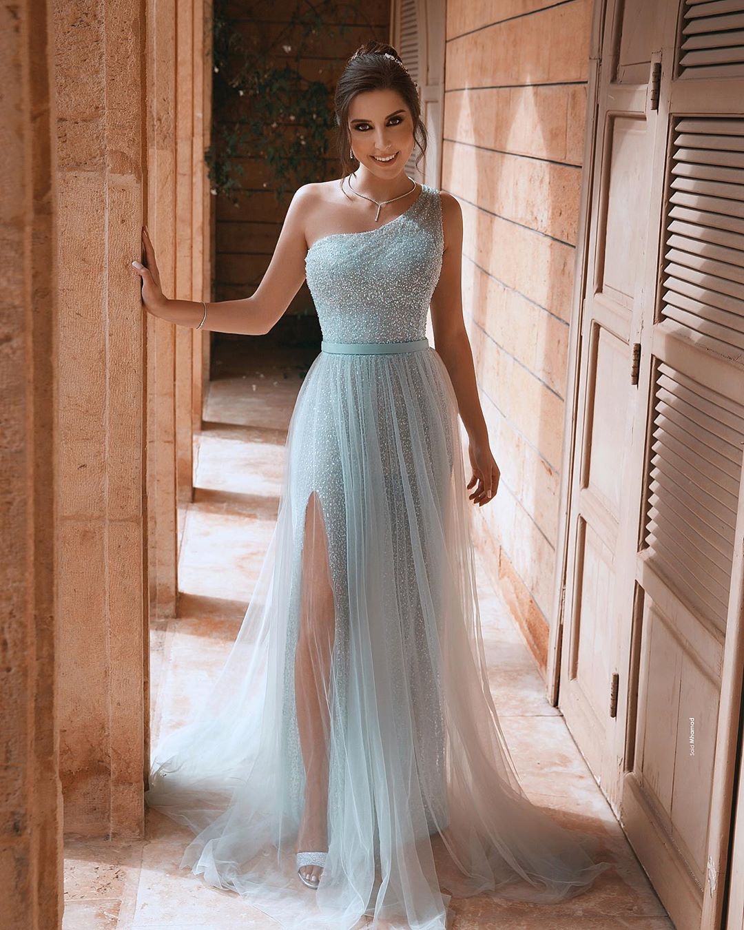 A-line One Shoulder Sleeveless Sweep / Brush Train Tulle Evening Dress With Sequins 4