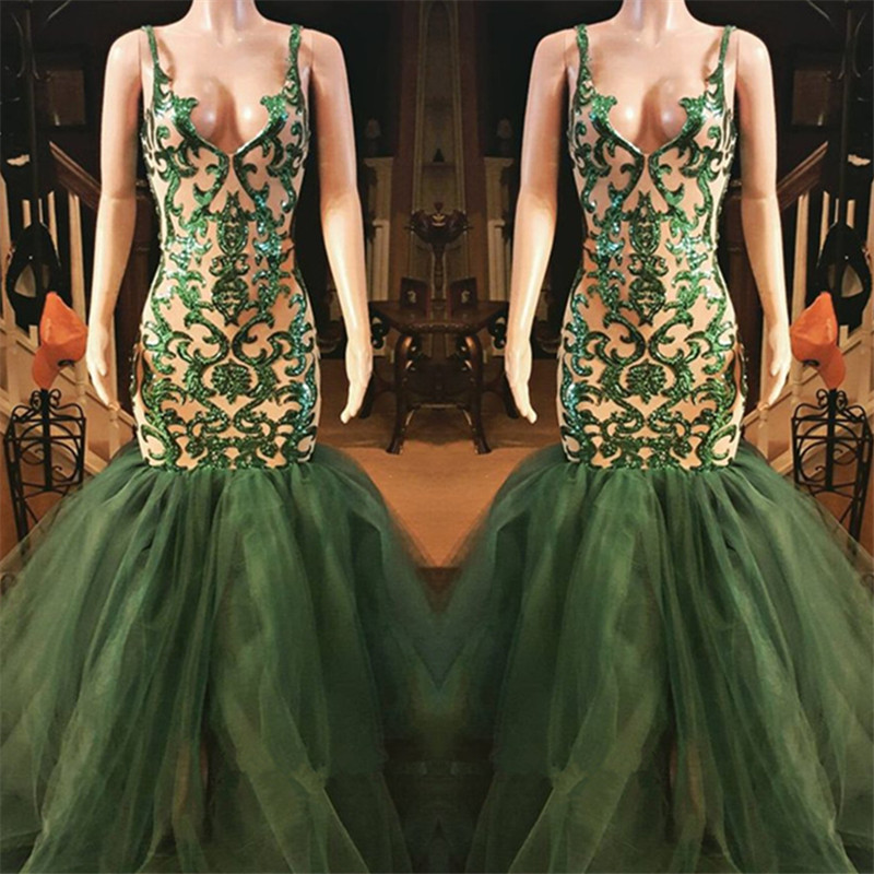 Mermaid Spaghetti Straps Sleeveless Sweep / Brush Train Tulle Evening Dress With Appliques 2