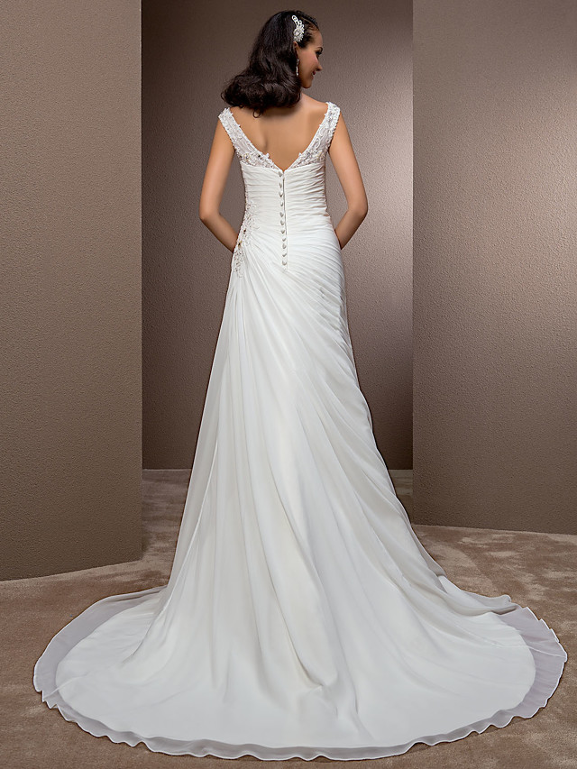 Column Bateau Neck Cap Sleeves Court Train Tulle Bridal Gown With Buttons 4
