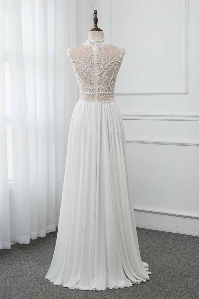 A-line Jewel Neck Sleeveless Floor-length 100D Chiffon Wedding Dress With Pearls 2