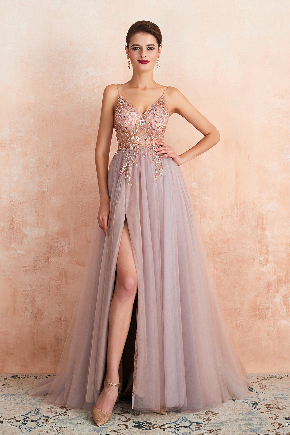 A-line V-neck Sleeveless Sweep / Brush Train Tulle Evening Dress With Sequins 10