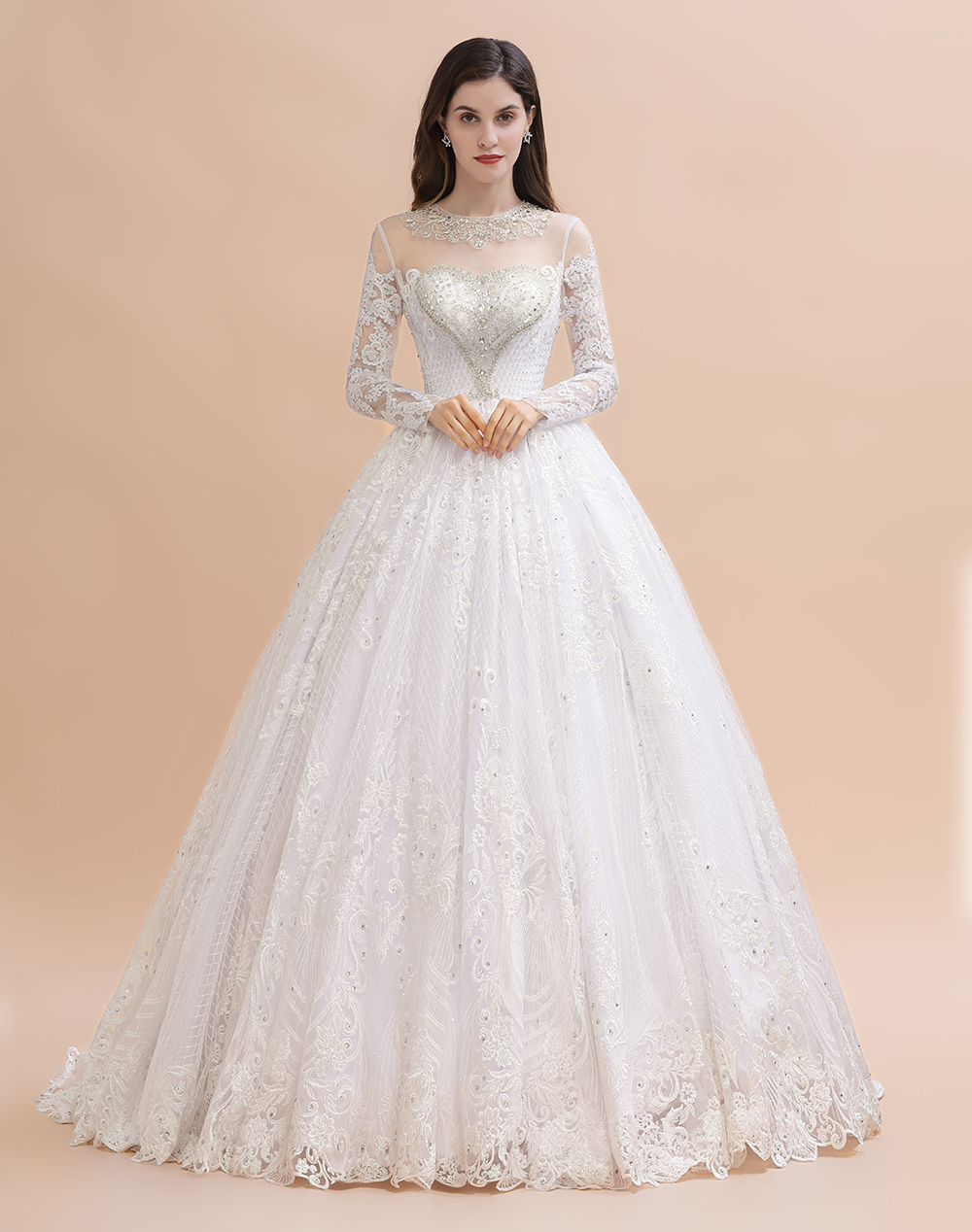 A-line Jewel Neck Long Sleeves Court Train Tulle Wedding Gown With Beading 4